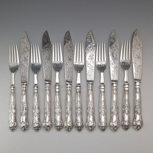 1909 British Antique Sterling Silver Handle Fish Cutlery 6 Pair Harrison Fisher